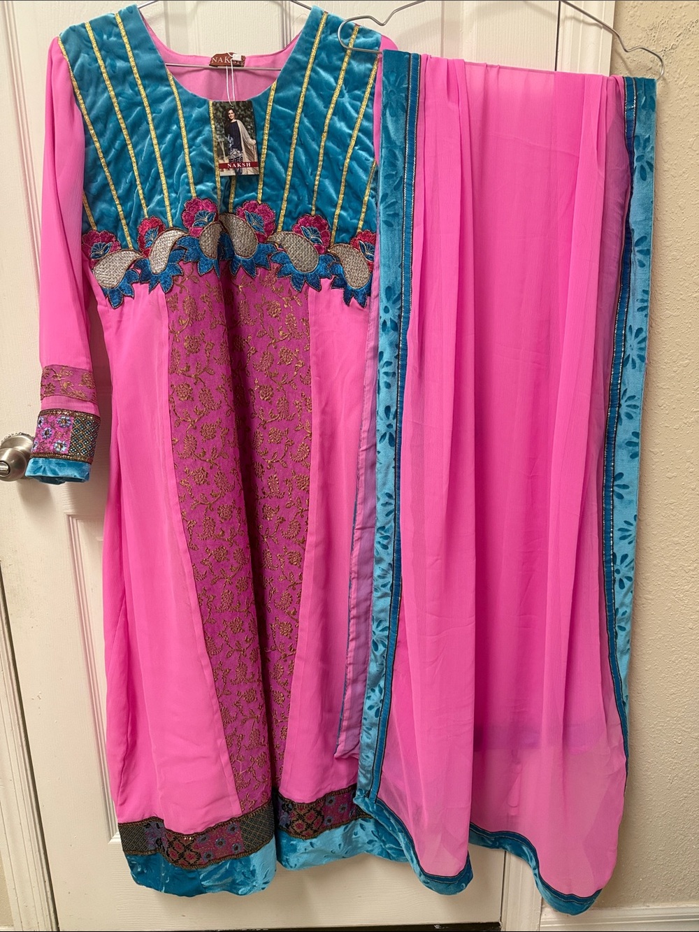 NWT NAKSH Indian Pakistani patch work pink & blue party dress